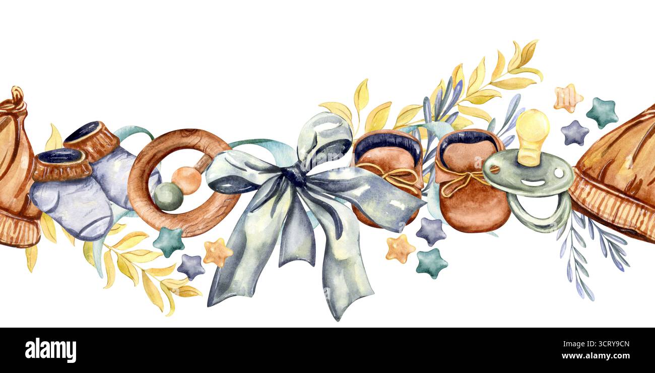 Pastel Pacifier Border Seamless border with baby clothes, pacifiers, hats, teethers and leafy ...