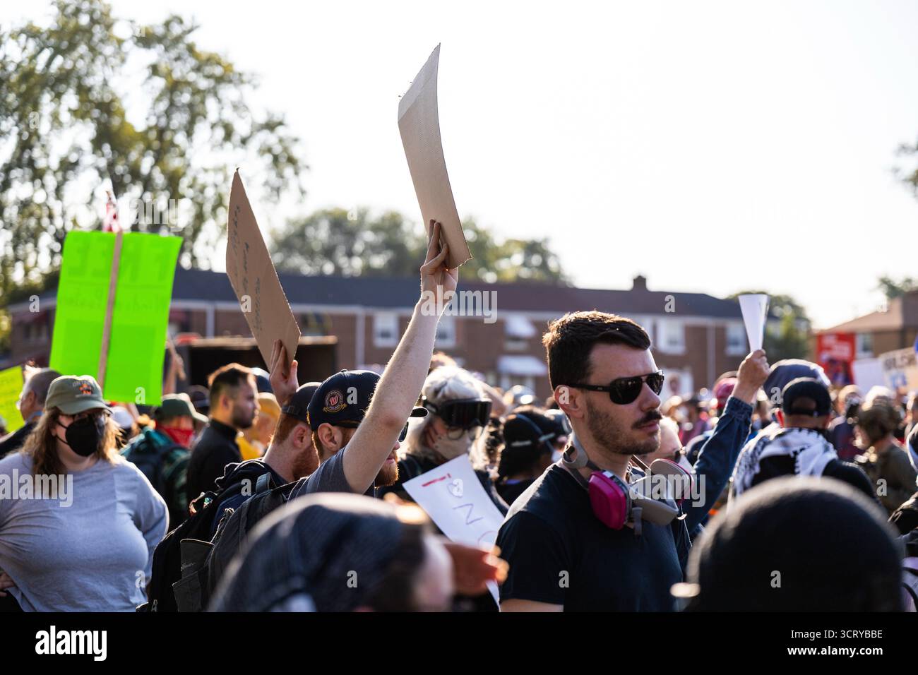 Demonstration Only Chicago, Illinois, USA. 3rd Oct, 2025. Protesters chant and hold signs ...