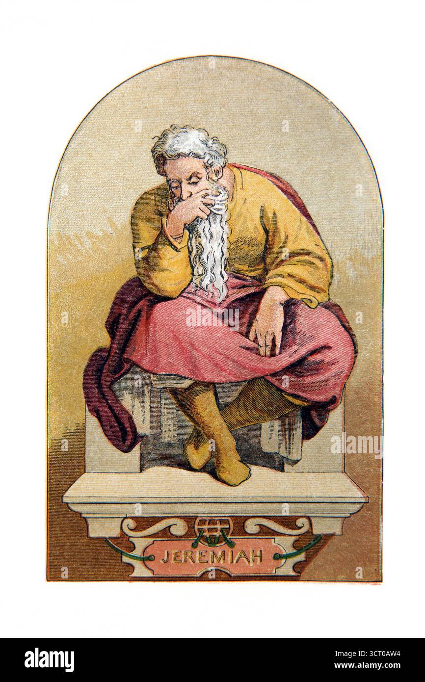 Hand-Painted Illustration of Jeremiah from the Sistine Chapel from 19th Century Sunday Pictorial Readings by the Reverend William Owen Volume On Stock Photo