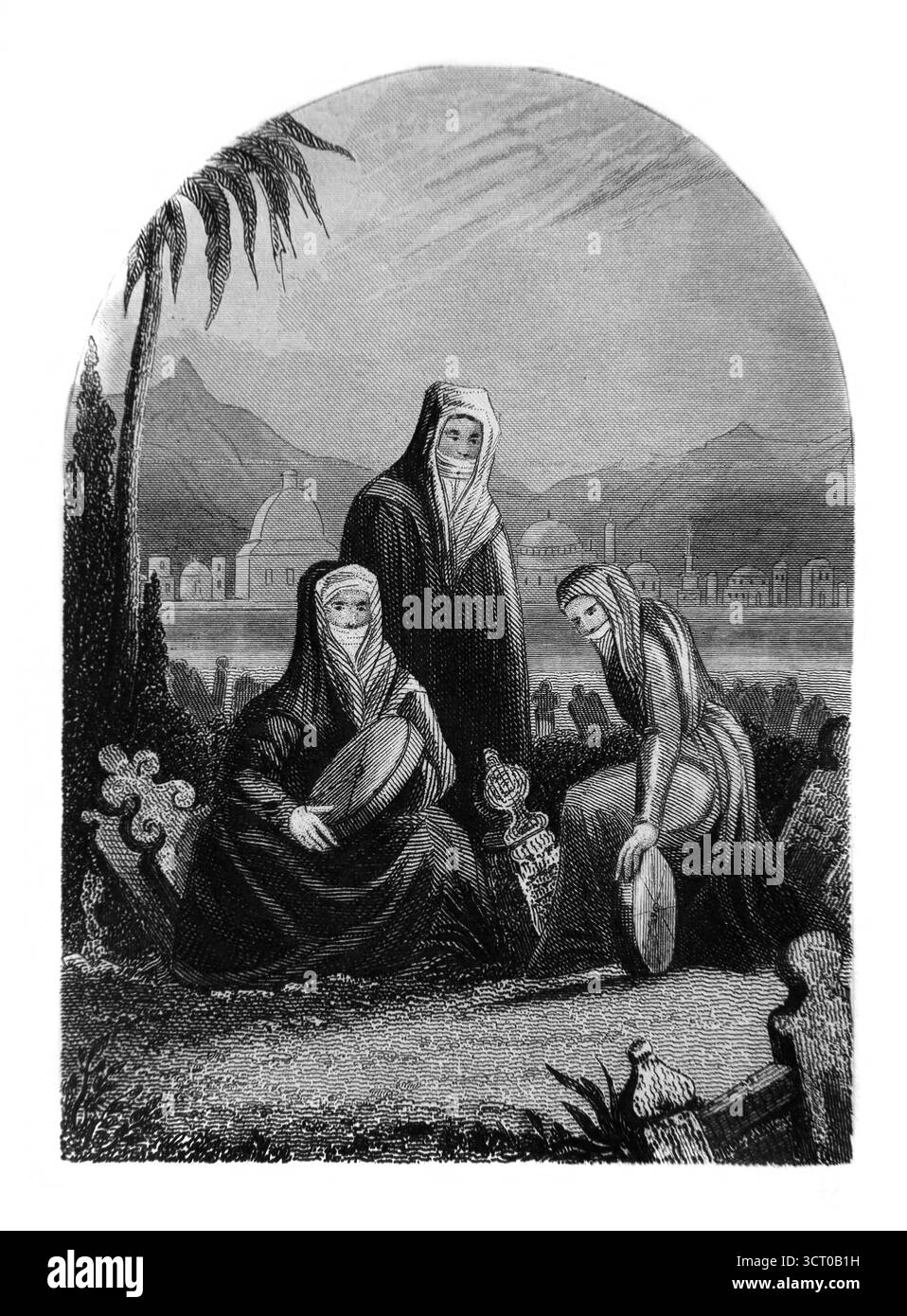 Illustration of Mourning Women at a Cemetery the women at the Grave are Professional Mourners with their Tambourines in Book of Amos he Describes a ti Stock Photo
