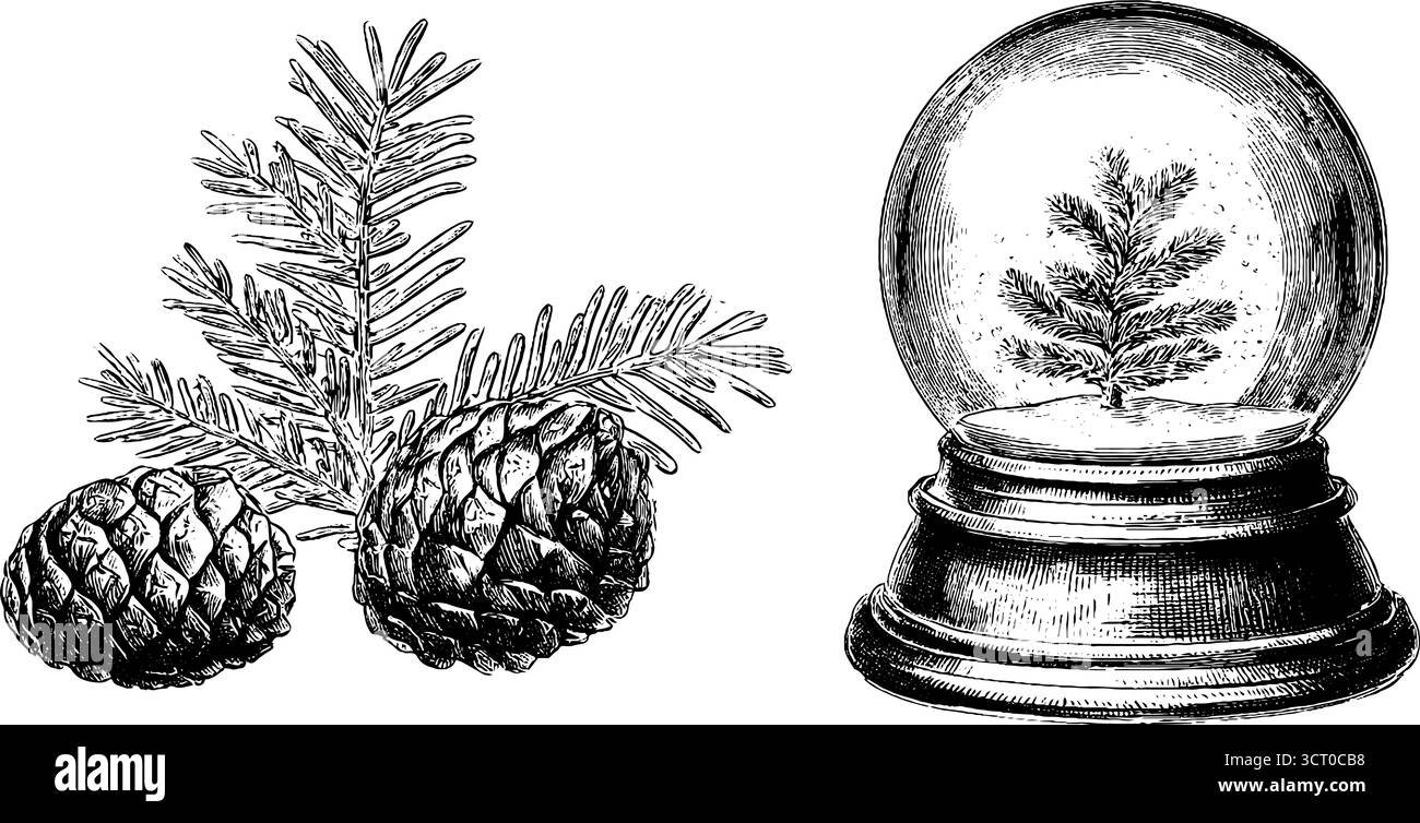 Vintage engraved illustration set of snow globe and fir branch for retro holiday design. Stock Vector