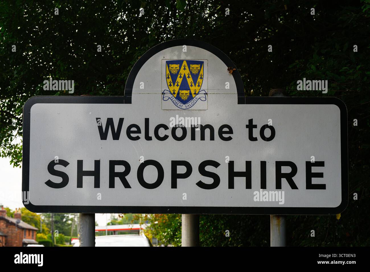 Shropshire, England, UK - September 6, 2025; Welcome to Shropshire border sign with Floreat Salopia latin motto on roadside marker Stock Photo