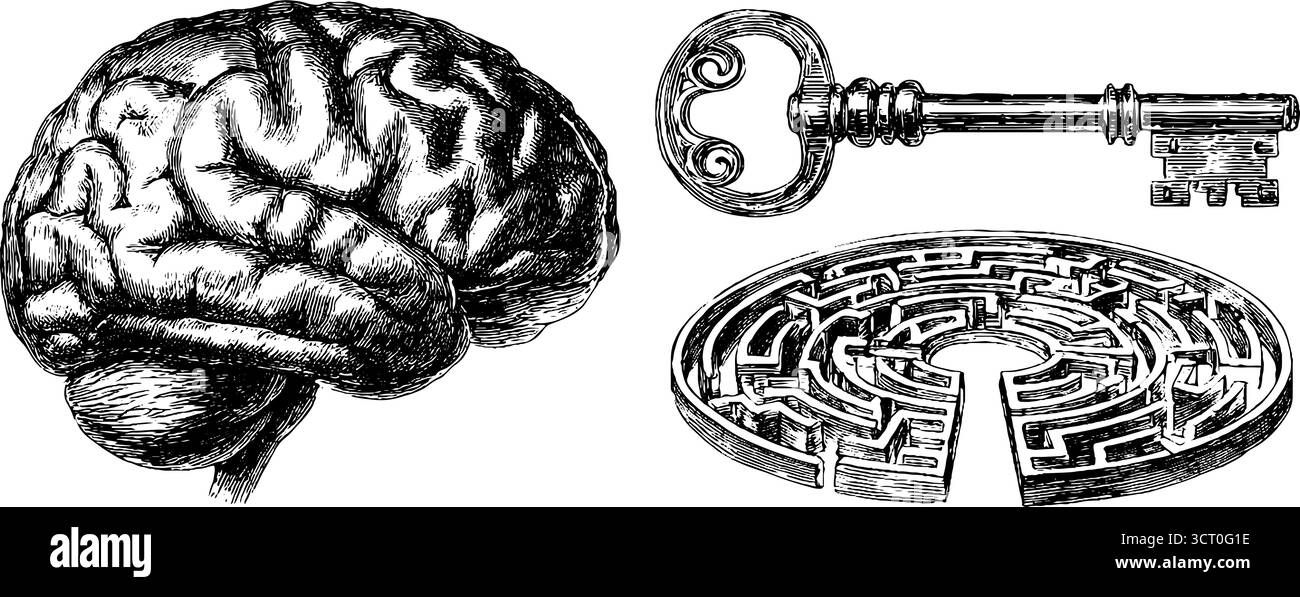 Psychology engraved illustration set with brain, key, and maze design ...
