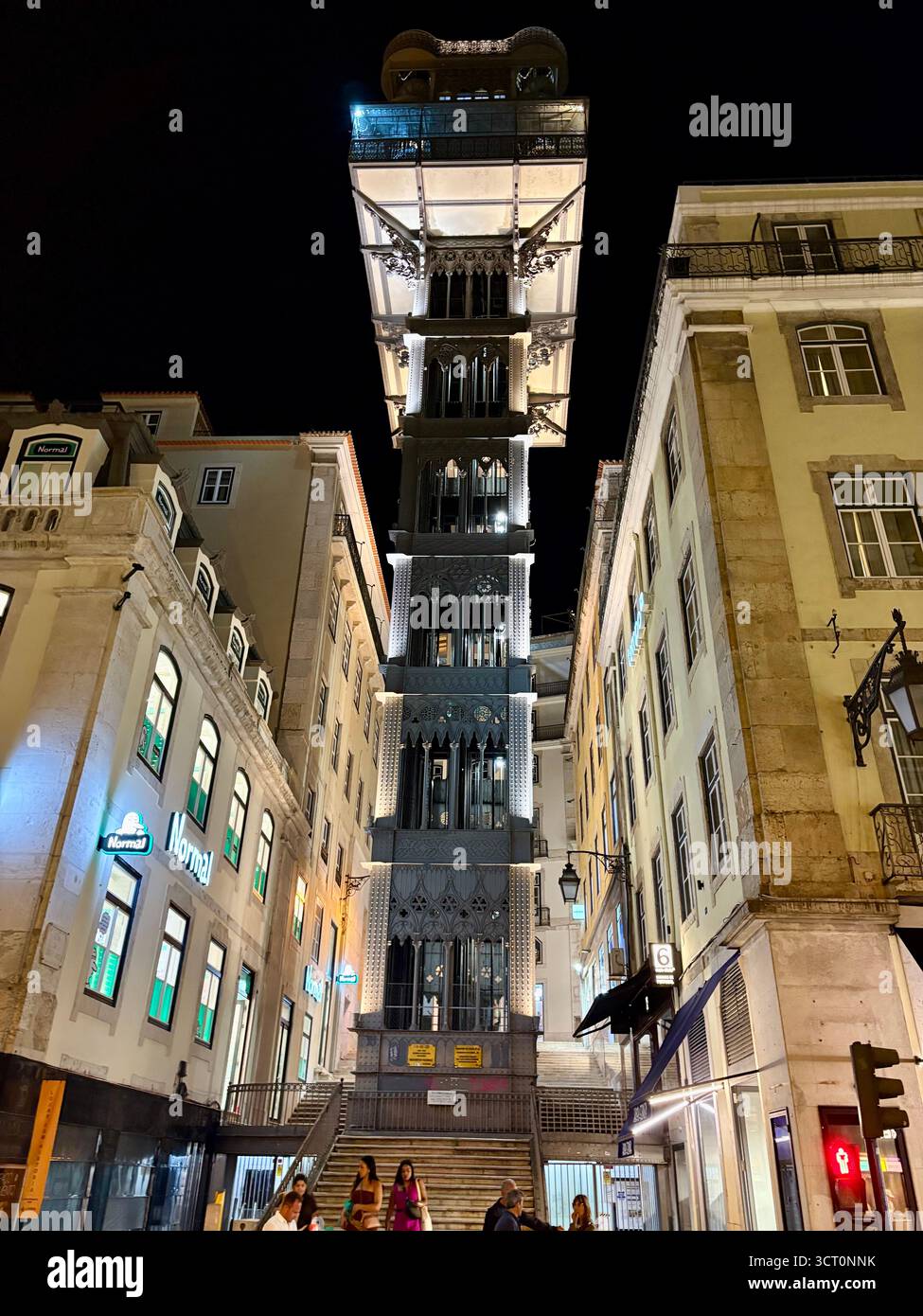 Lisbon, Portugal, Santa Justa Lift , Elevador de Santa Justa, night time view illuminated against dark sky, linking the Baixa with the Bairro Alto - Smartphone Captured Stock Image