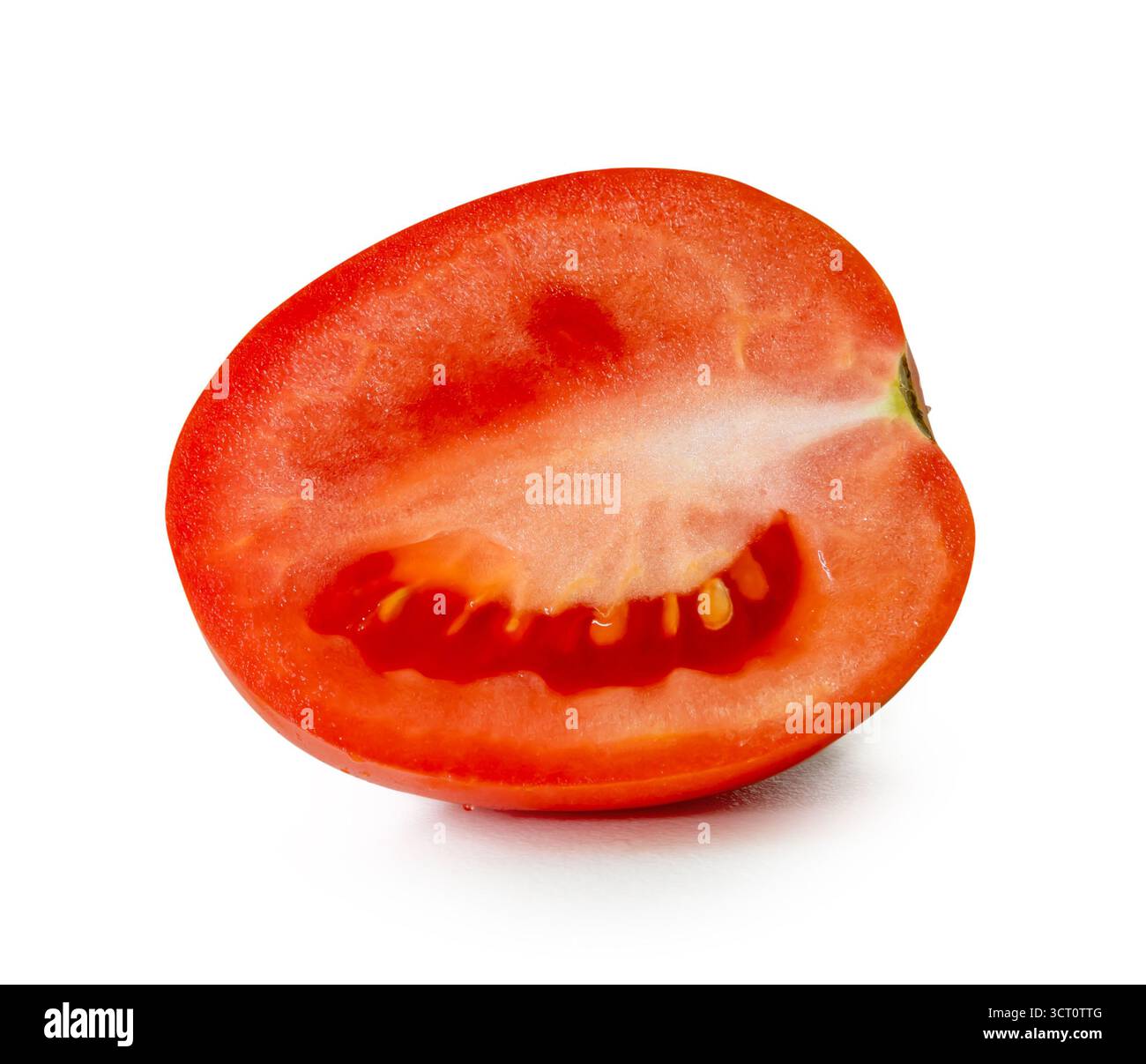 Single ripe red tomato fruit in half is isolated on white background ...