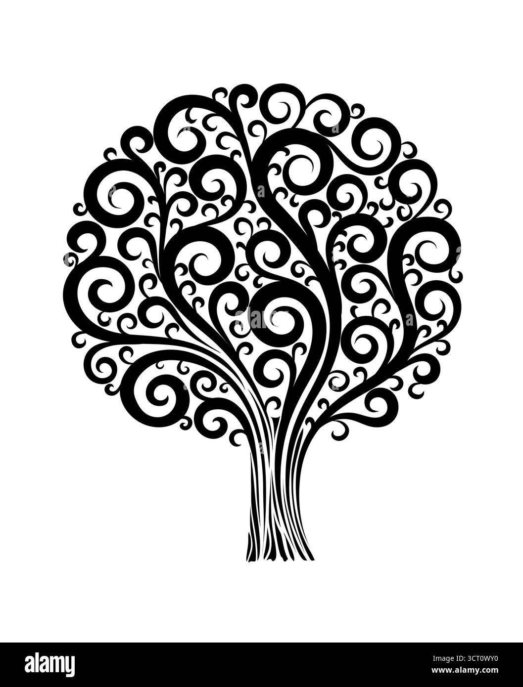 black tree in a flower design with swirls and flourishes on a white ...
