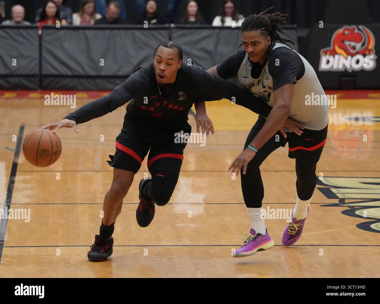 Toronto Raptors' Scottie Barnes, left, and Collin Murray-Boyles, right ...