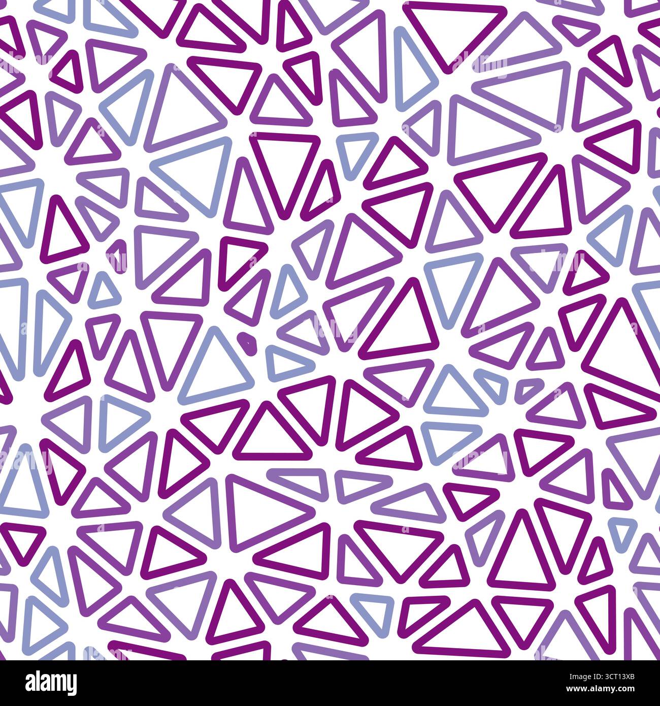 Mosaic triangles shapes background. Compact triangles size. Multiple colors style. Rounded triangles outlined. Repeatable pattern. Purple Harmony. Stock Vector