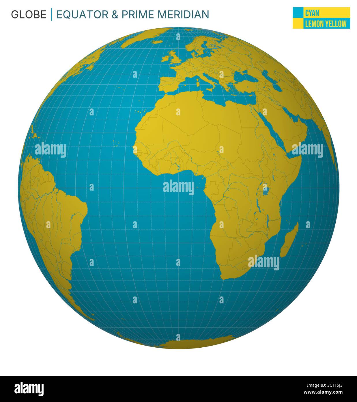 Vector globe centered on the Equator and Prime Meridian. Cyan, lemon ...
