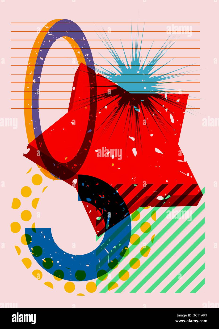 Risograph Star with geometric shapes. Objects in trendy riso graph print texture style design with geometry elements. Stock Vector