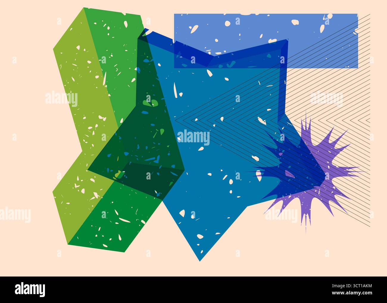 Risograph Star with geometric shapes. Objects in trendy riso graph print texture style design with geometry elements. Stock Vector