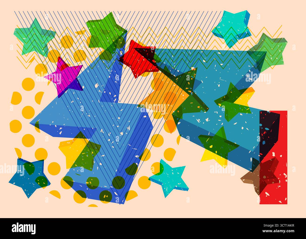 Risograph Star with geometric shapes. Objects in trendy riso graph print texture style design with geometry elements. Stock Vector