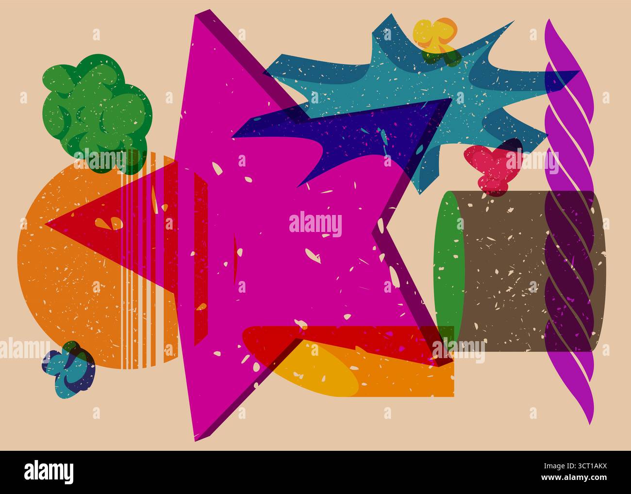 Risograph Star with geometric shapes. Objects in trendy riso graph print texture style design with geometry elements. Stock Vector
