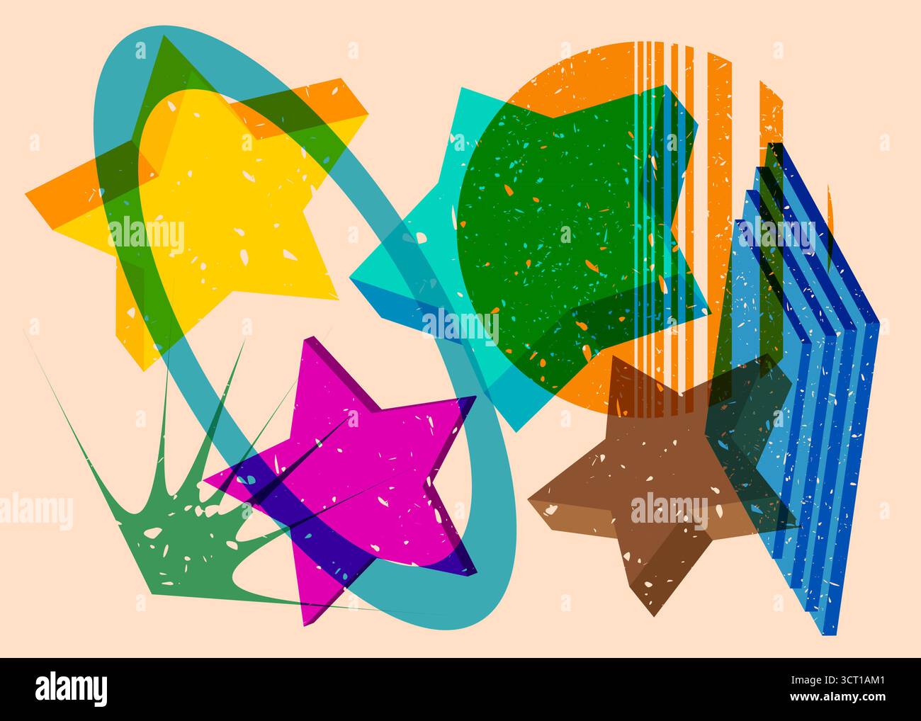 Risograph Star with geometric shapes. Objects in trendy riso graph print texture style design with geometry elements. Stock Vector