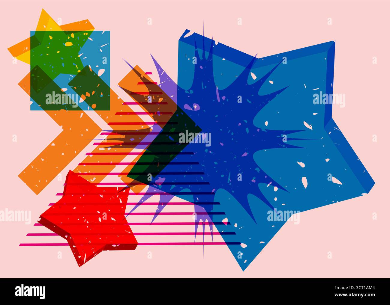 Risograph Star with geometric shapes. Objects in trendy riso graph print texture style design with geometry elements. Stock Vector