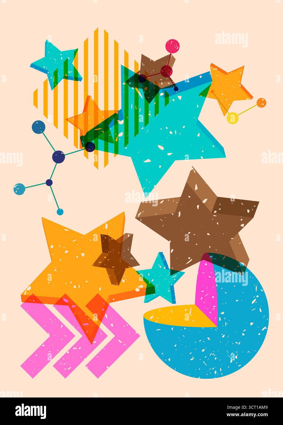 Risograph Star with geometric shapes. Objects in trendy riso graph print texture style design with geometry elements. Stock Vector