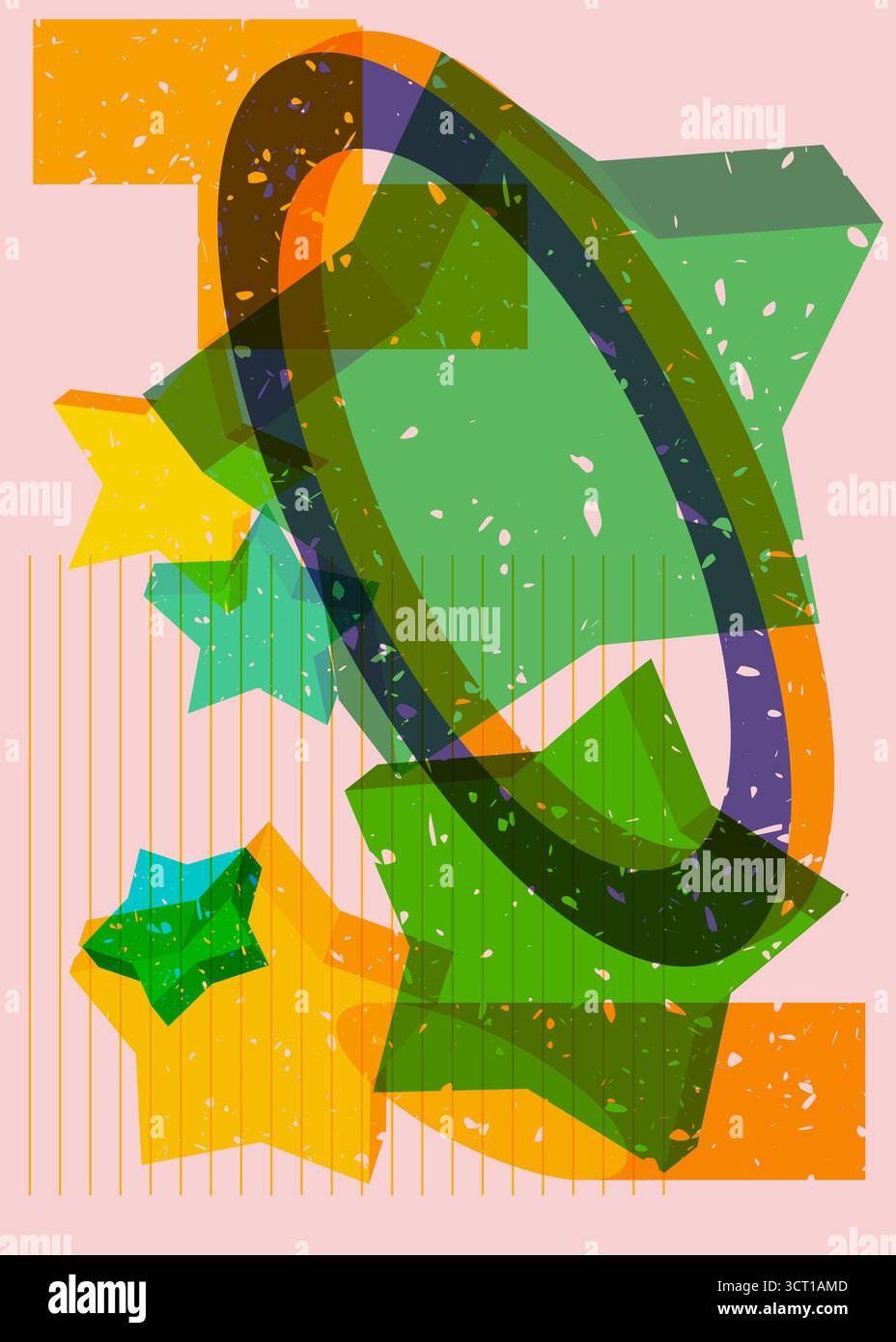 Risograph Star with geometric shapes. Objects in trendy riso graph print texture style design with geometry elements. Stock Vector