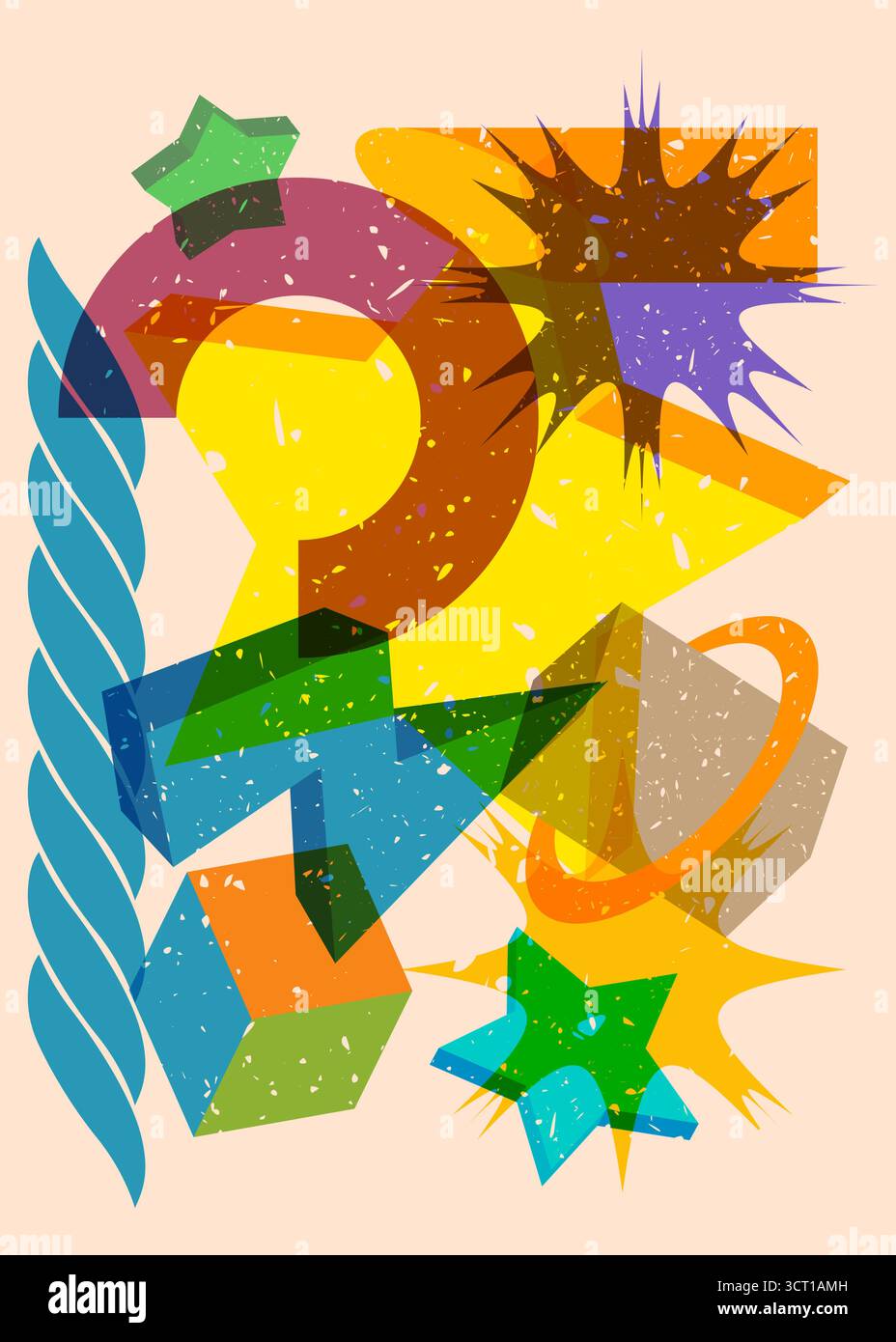 Risograph Star with geometric shapes. Objects in trendy riso graph print texture style design with geometry elements. Stock Vector