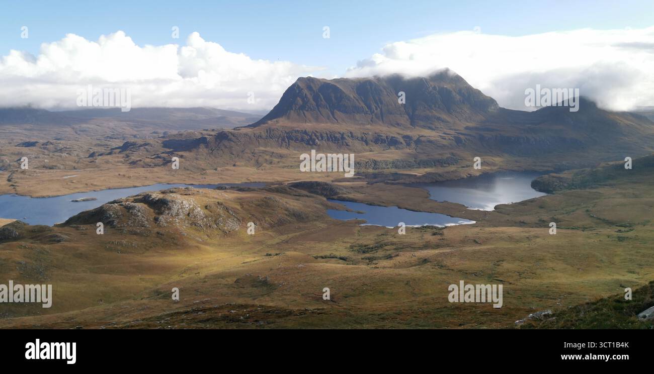 View from Stac Pollaidh across Allt Sionasgaig and Doire Dhubh lochans to Cul Mòr and An Laogh—wild Inverpolly and Assynt in Highland splendour NC500. - Smartphone Captured Stock Image