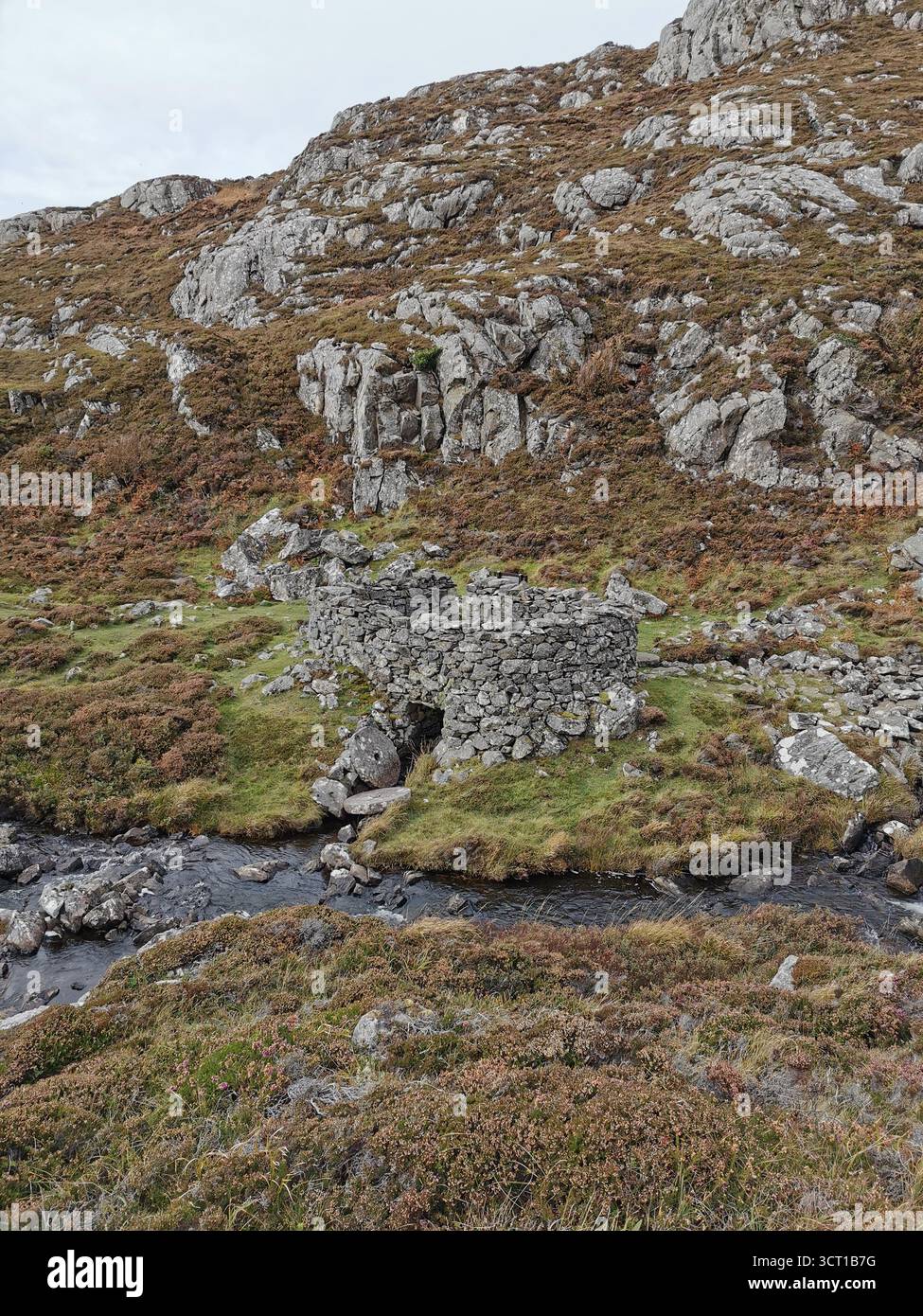Alltanabradhan Mill, a Clearances-era ruin in the Scottish Highlands near Achmelvich on the NC500. Stone walls and old millstones still lie scattered. - Smartphone Captured Stock Image