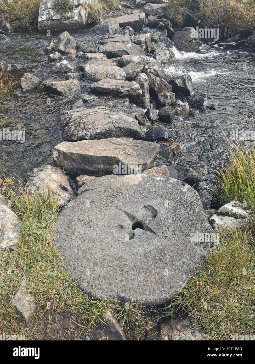 Alltanabradhan Mill, a Clearances-era ruin in the Scottish Highlands near Achmelvich on the NC500. Stone walls and old millstones still lie scattered. - Smartphone Captured Stock Image