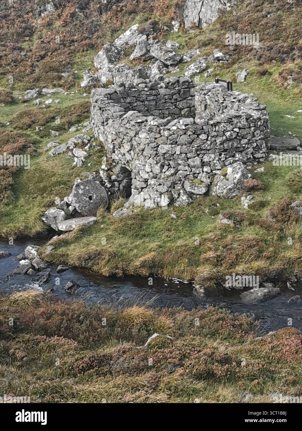 Alltanabradhan Mill, a Clearances-era ruin in the Scottish Highlands near Achmelvich on the NC500. Stone walls and old millstones still lie scattered. - Smartphone Captured Stock Image