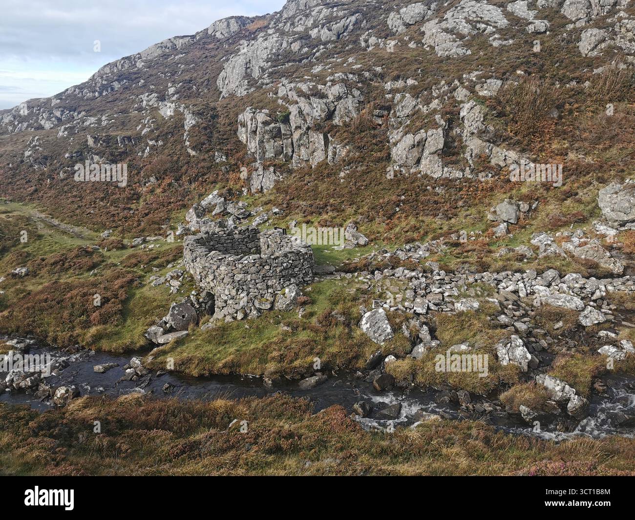 Alltanabradhan Mill, a Clearances-era ruin in the Scottish Highlands near Achmelvich on the NC500. Stone walls and old millstones still lie scattered. - Smartphone Captured Stock Image