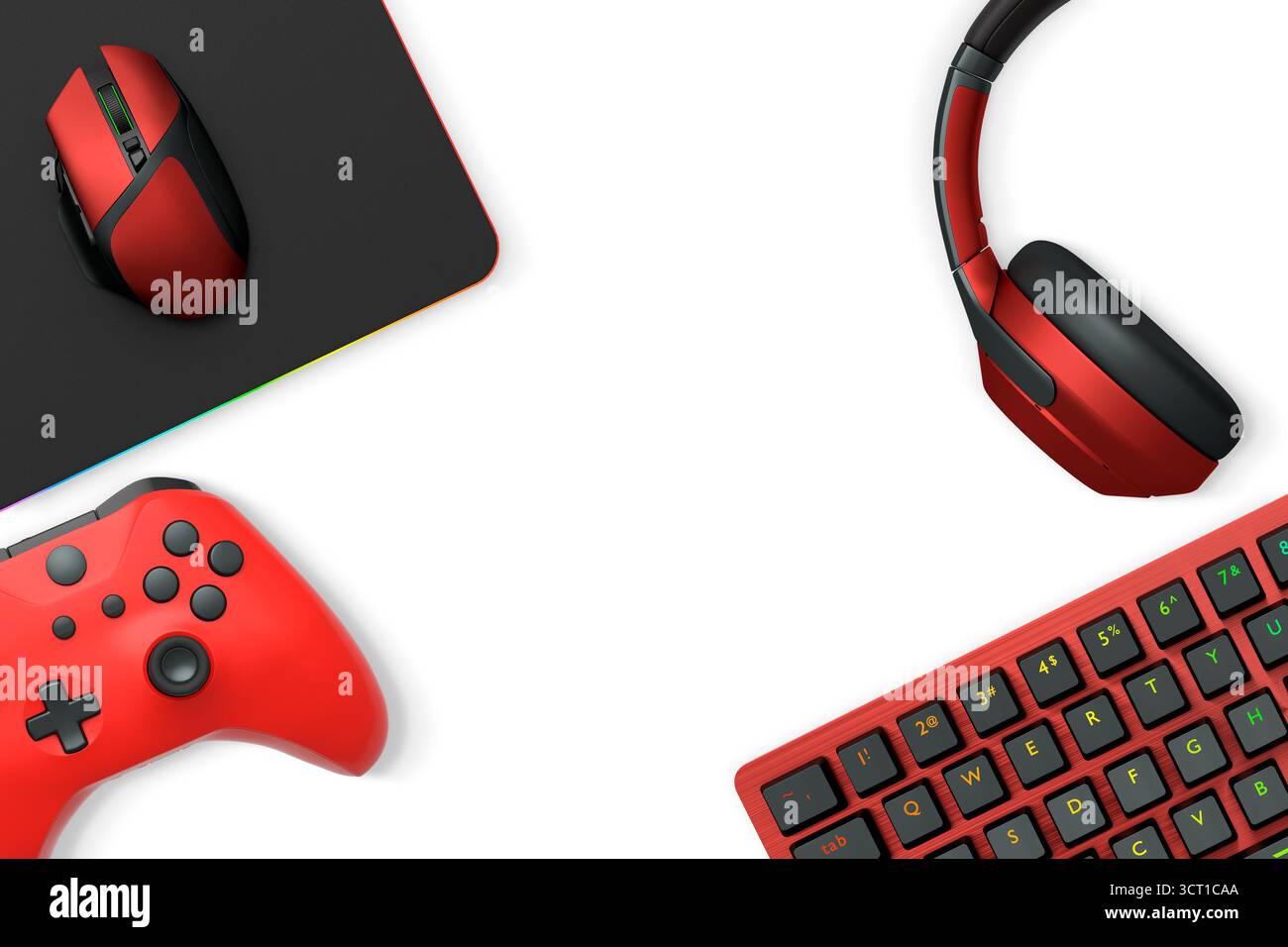 Gaming mouse, controller, RGB keyboard and headphones displayed in flat ...