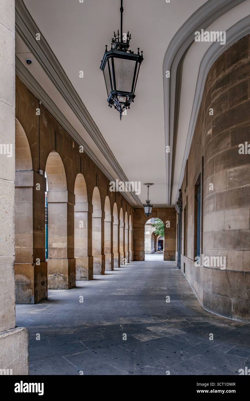 Historic Stone Arcade with Arched Colonnade in Old Town Pamplona, Spain ...
