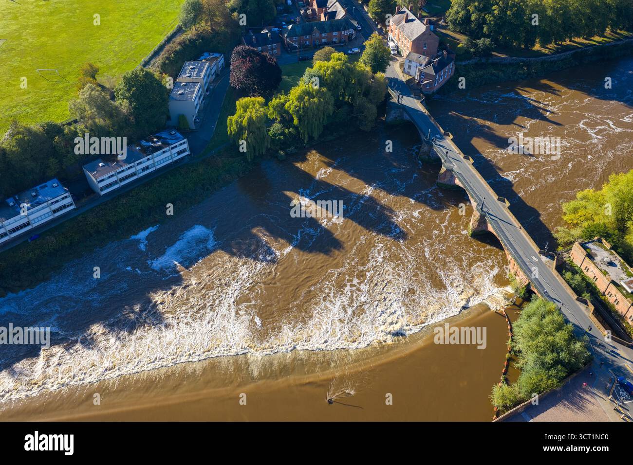 Top-down aerial view of Chester’s Old Dee Bridge crossing the River Dee ...