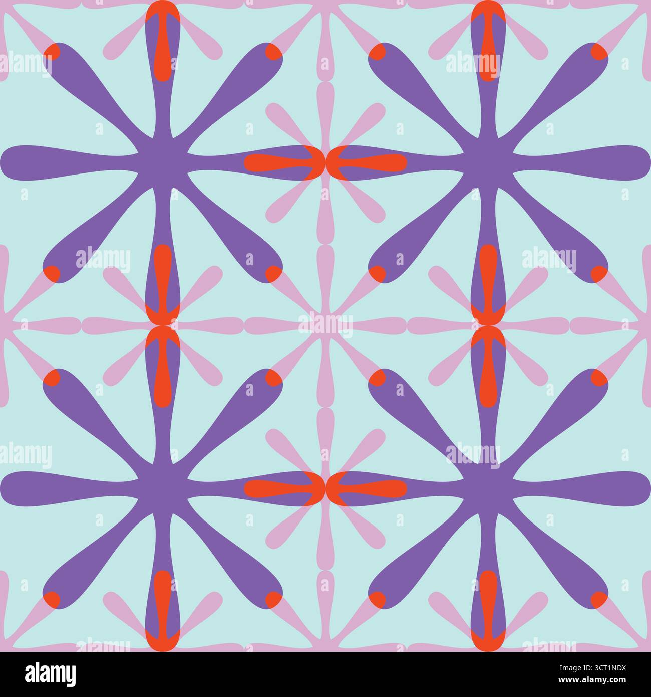 This vector seamless pattern features abstract starburst shapes in deep purple with bold orange accents on the tips, set against a soft light blue bac Stock Vector