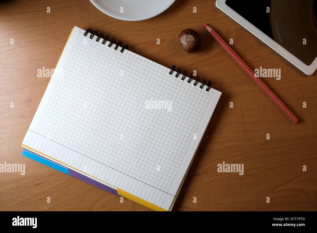 A blank notebook lies open alongside a pencil and an acorn, inviting ideas. Stock Photo