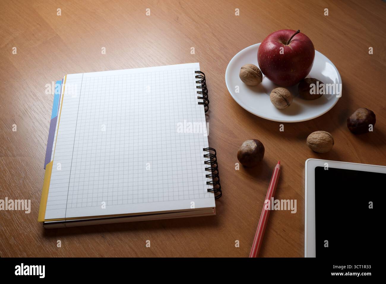 A clean wooden table features a blank notebook, red apple, and nuts nearby. Stock Photo