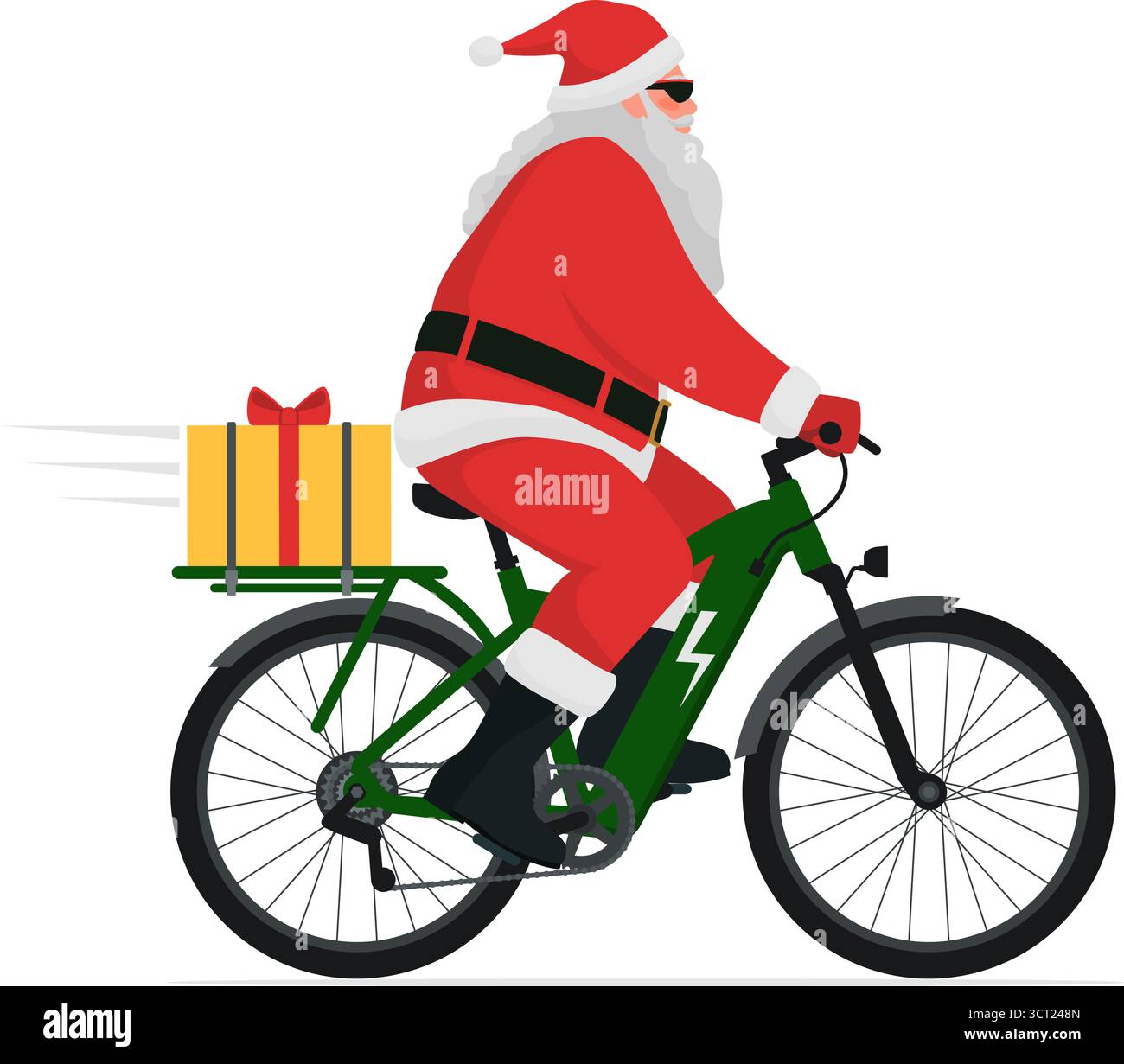 Santa Claus riding and electric bike and delivering Christmas gifts, eco-friendly holidays concept Stock Vector