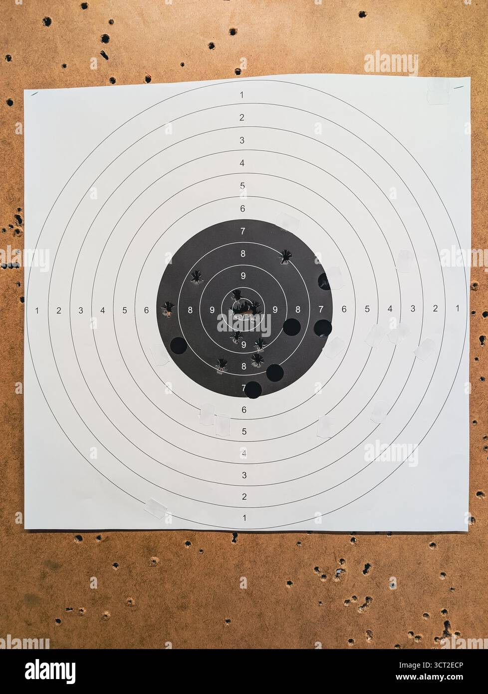 A vertical color photo of a paper shooting range target with multiple ...