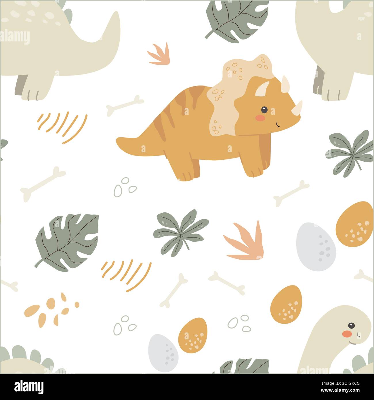 Cute dinosaur pattern with triceratops eggs bones leaves on black background. Stock Vector