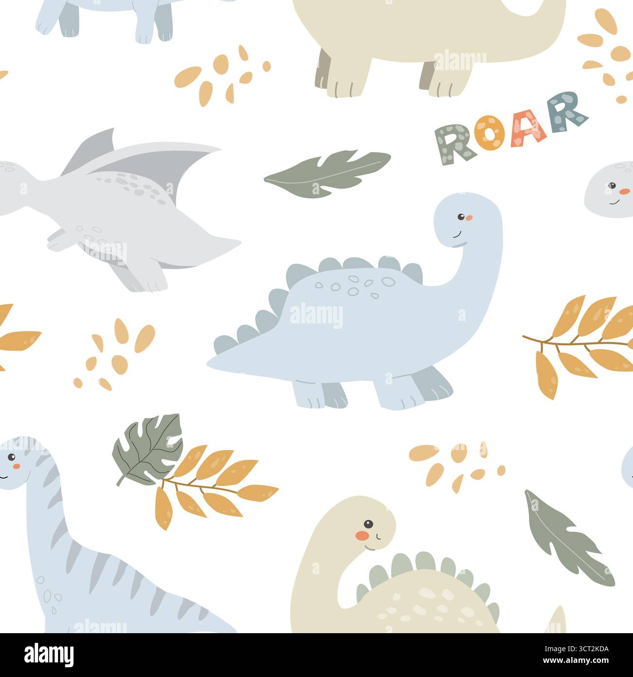Cute dinosaur pattern with leaves and fun text on black background. Stock Vector