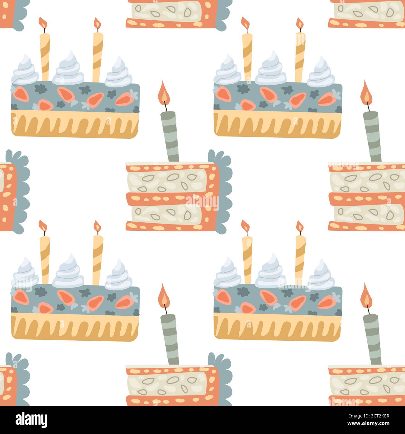 Seamless pattern of festive birthday cakes with candles and decorations. Stock Vector