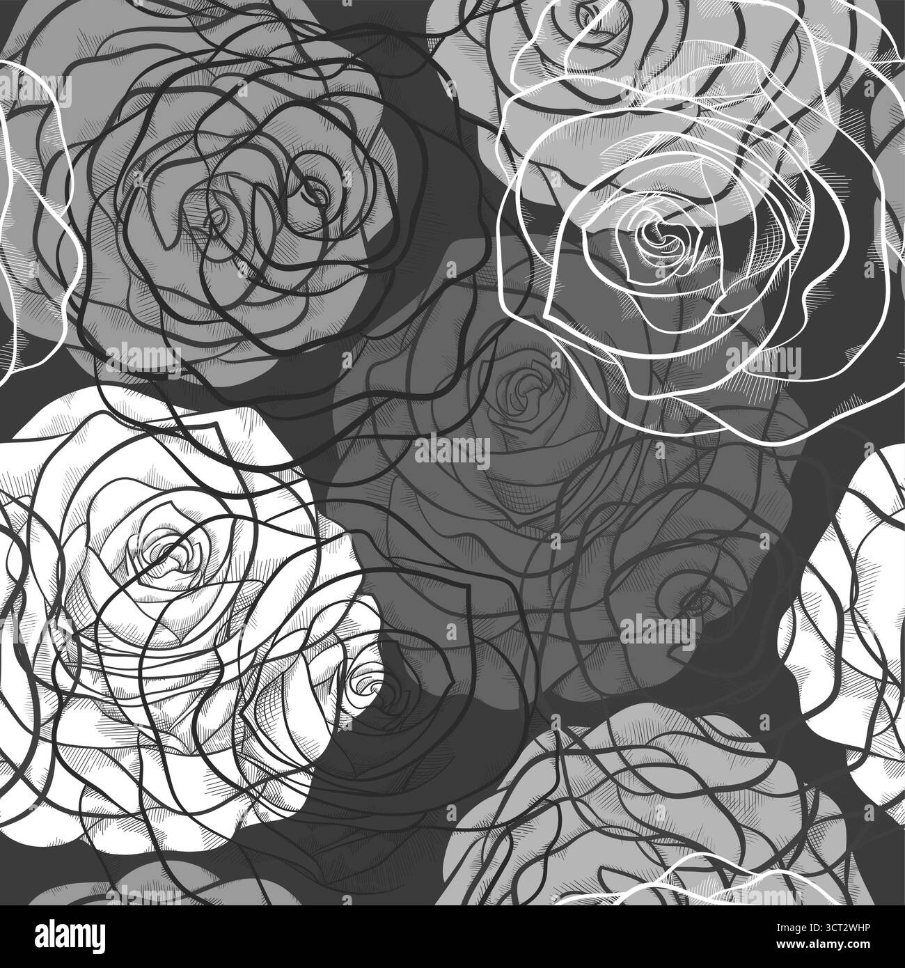 black and white seamless pattern in roses with contours Stock Vector ...