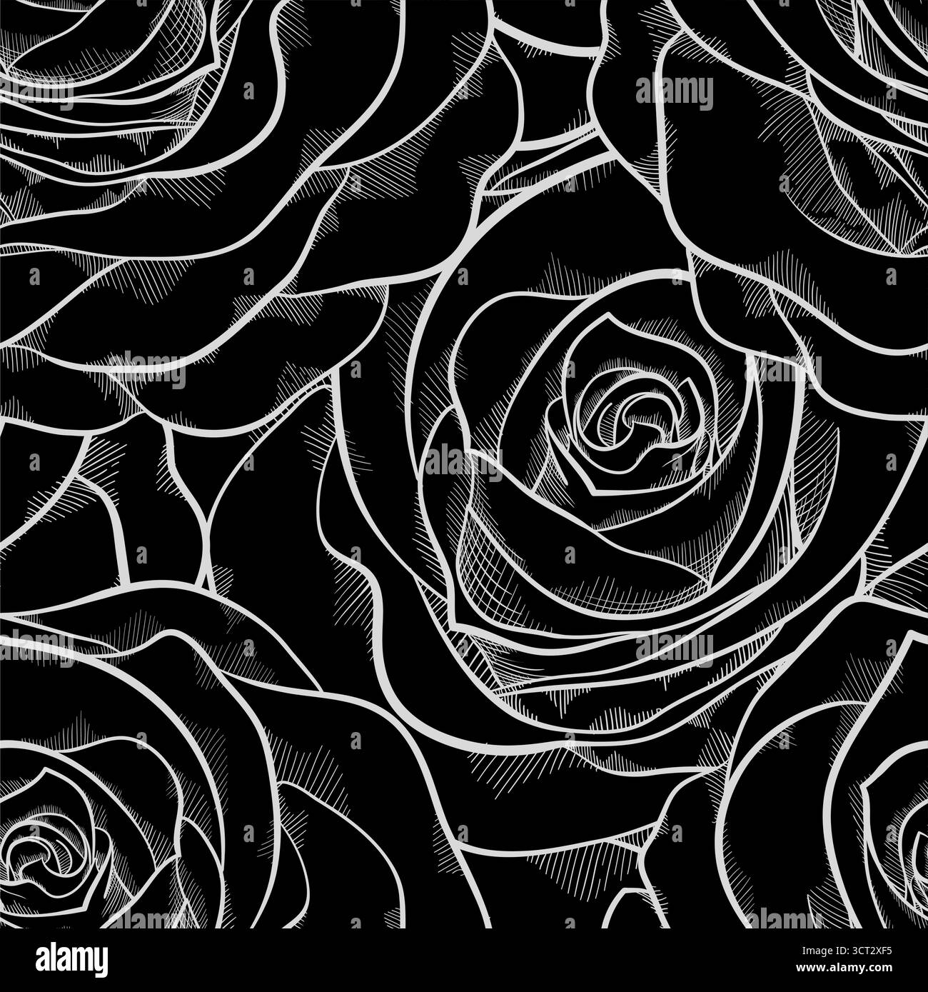 black and white seamless pattern in roses with contours Stock Vector ...