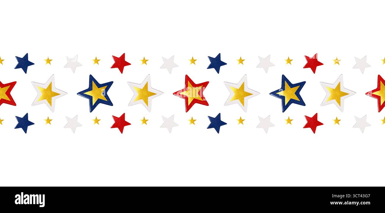 Colorful seamless border with red, blue, gold and white glitter stars on white background. Stock Photo