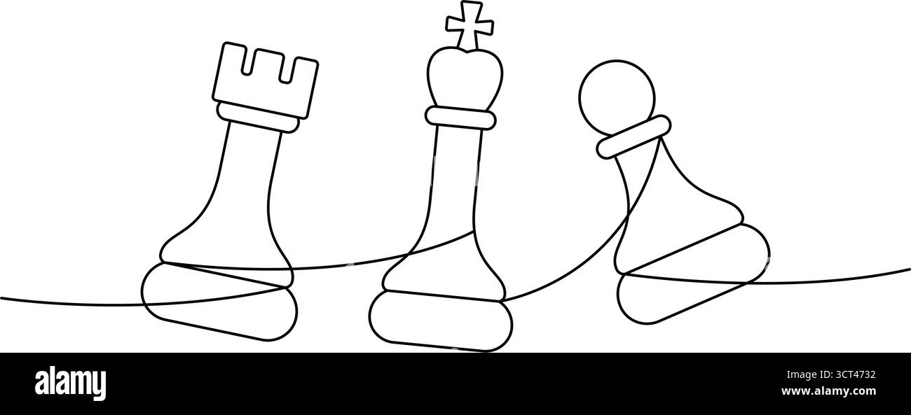 Rook, king and pawn chess pieces in minimalist abstract black and white ...