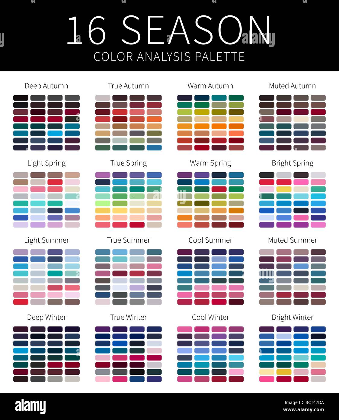 16 Season Color Analysis Palette Swatches for Cool, Deep, Bright and ...