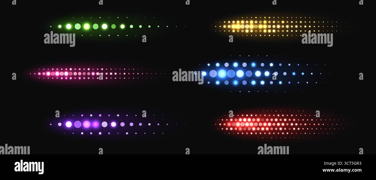 Colorful halftone shapes, glowing dynamic elements made from sparkling dots. Stock Vector
