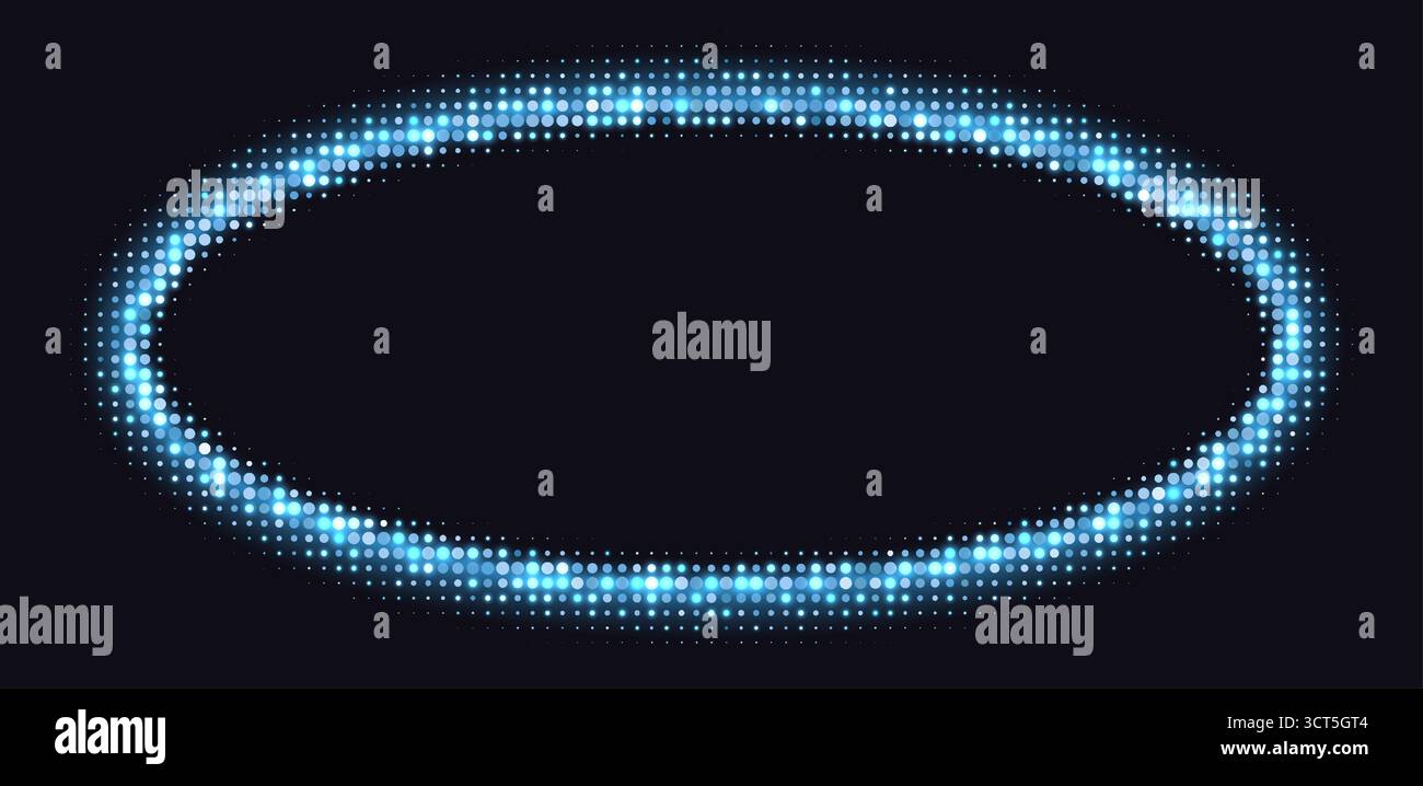 Blue halftone frames, glowing circle borders, round pattern with dots, radial disco luxury design element. Stock Vector
