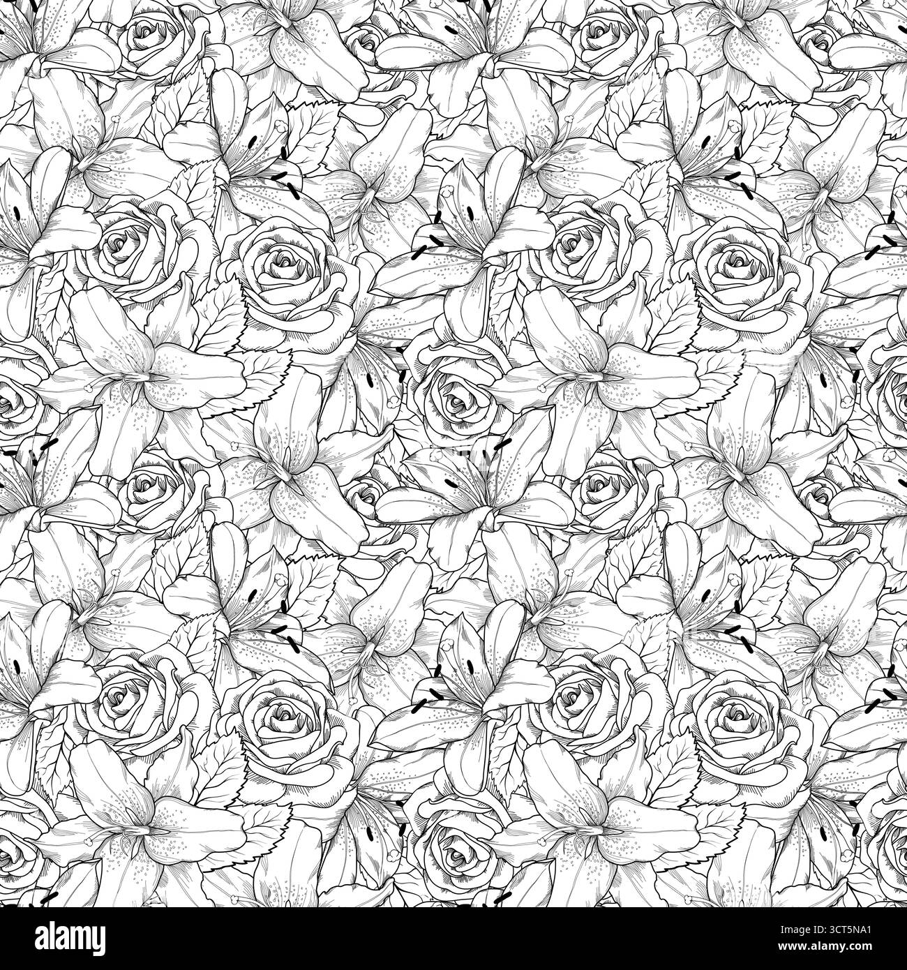 Beautiful seamless background with black and white lily and roses ...