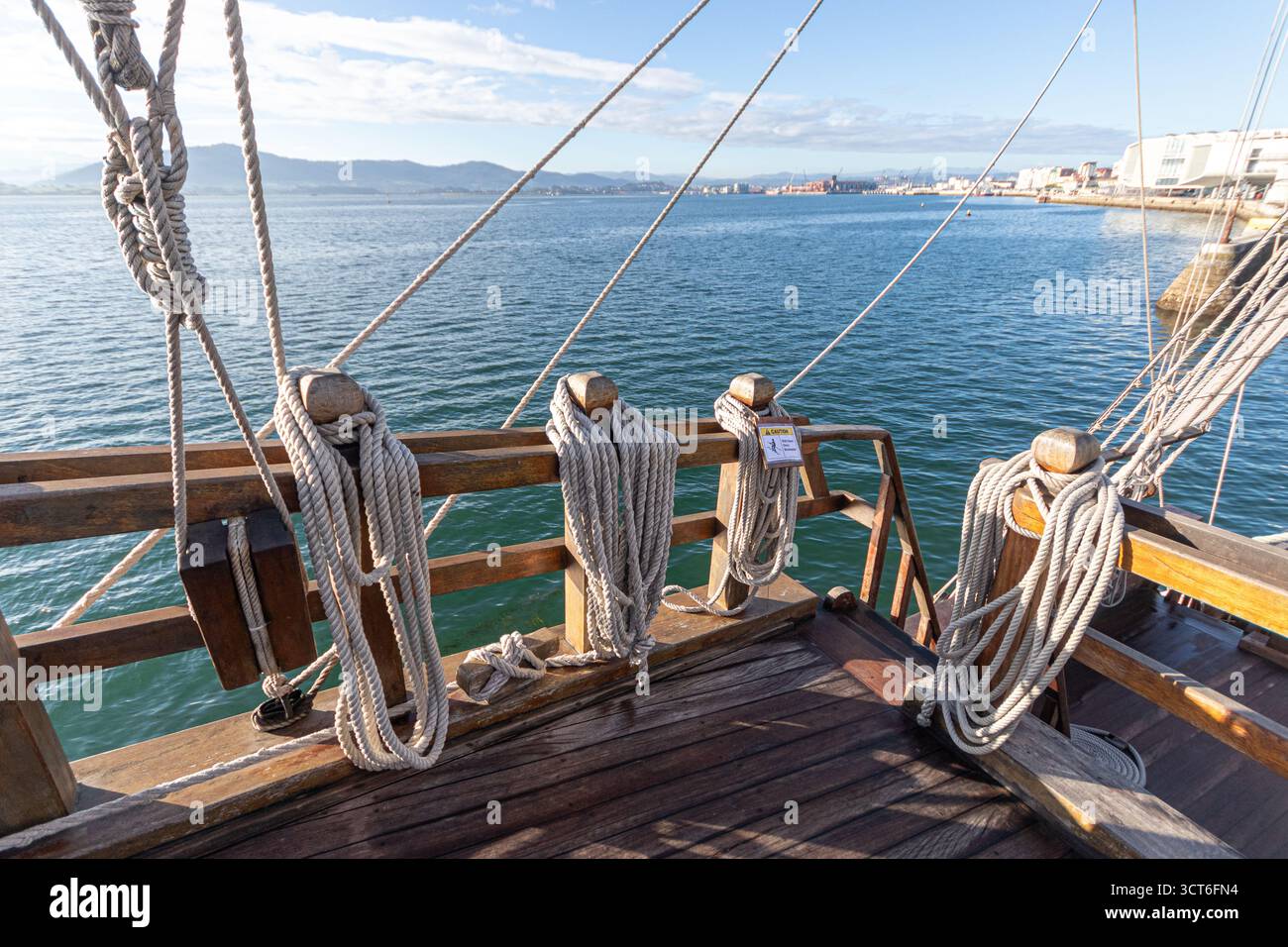 Spanish Block Rigging Santander, Spain. Close view of the rigging of the replica of the Santa ...