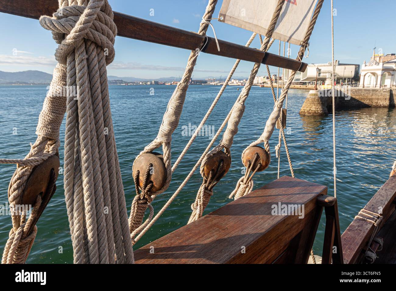 Santander, Spain. Close view of the rigging of the replica of the Santa ...