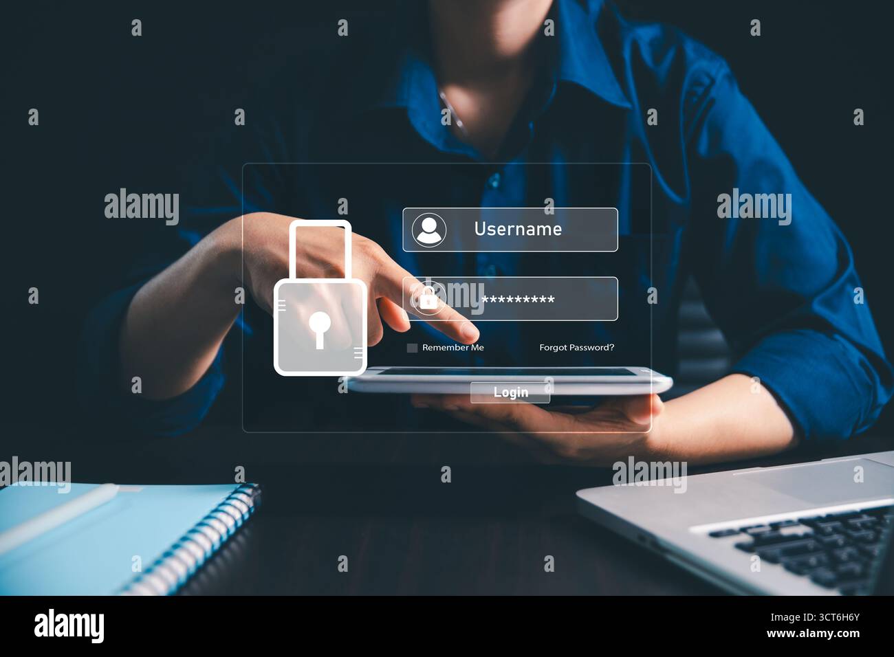 User accesses secure internet system through advanced high technology, username, password, ensuring encryption, strong cybersecurity for information s Stock Photo