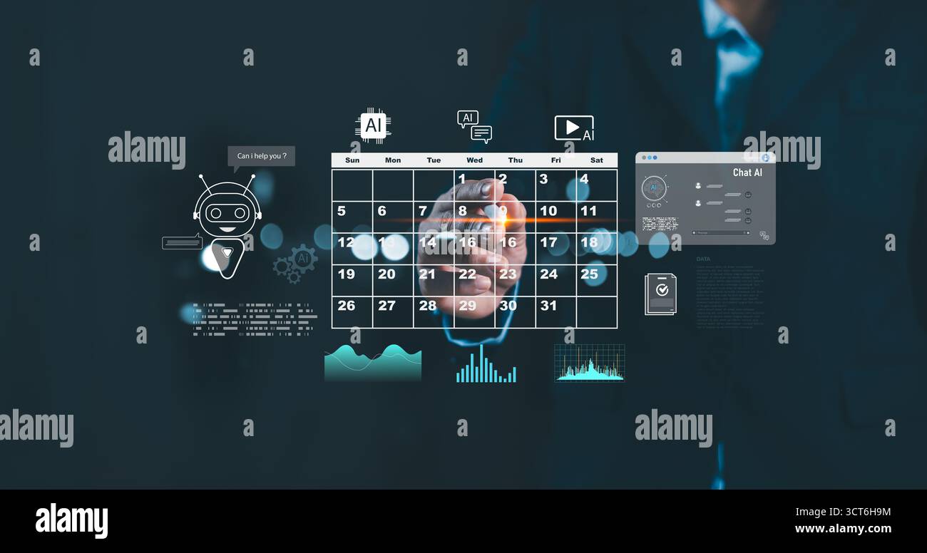 Businessman using AI virtual assistant for calendar scheduling, data management and workflow automation. Artificial intelligence chatbot solutions for Stock Photo